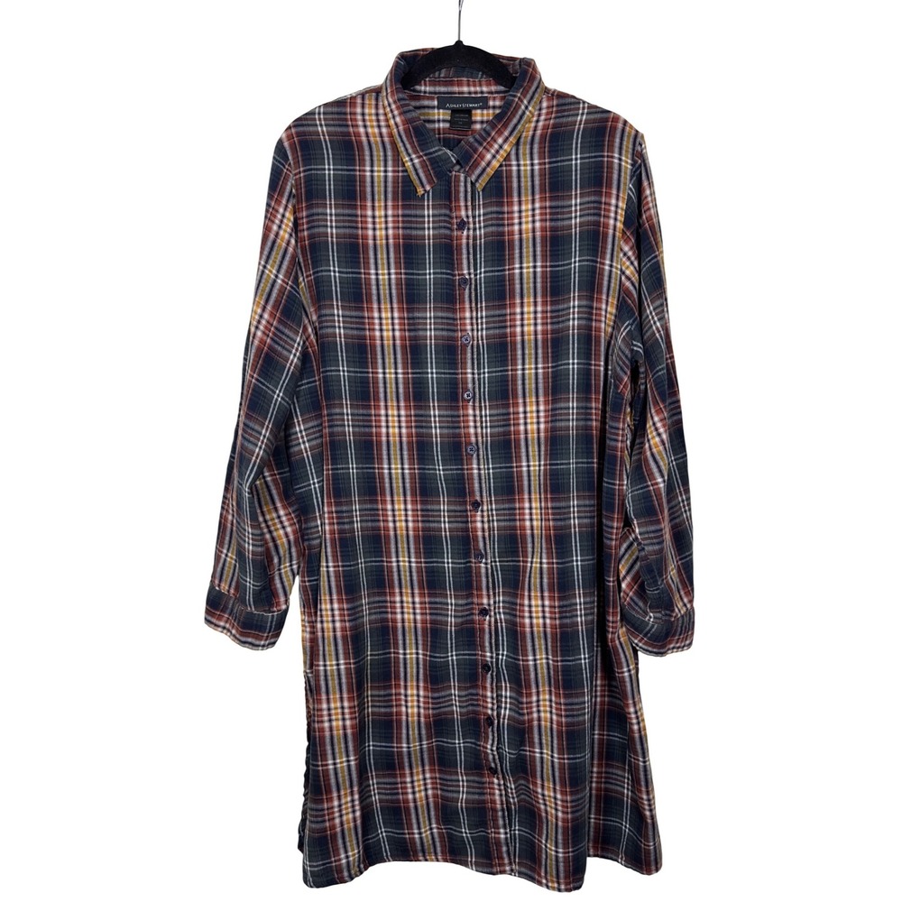 Ashley Stewart Plaid Button Down Flannel Duster Viscose Roll Tab‎ Sleeve Size 18